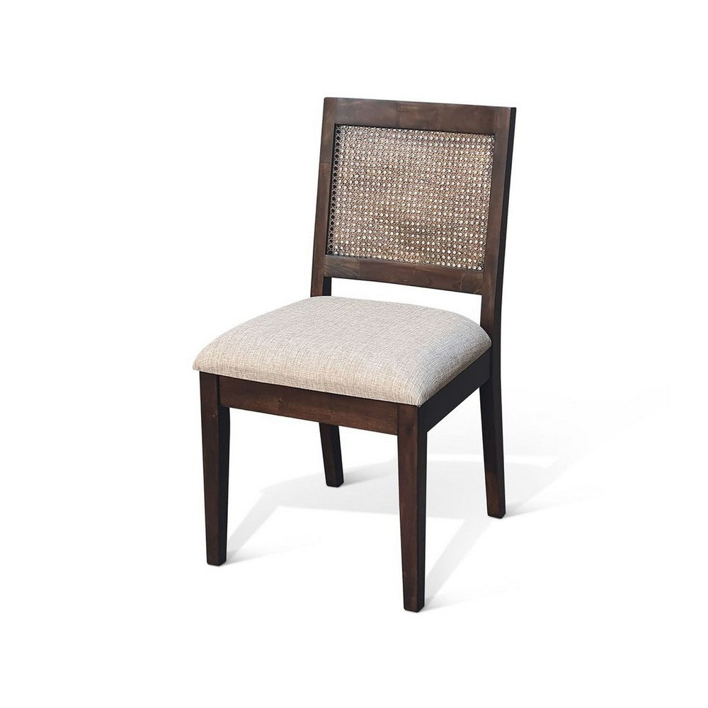 Benjara Zemi Dining Chair Set of 2, Rattan Back, Beige, Dark Brown Solid Wood