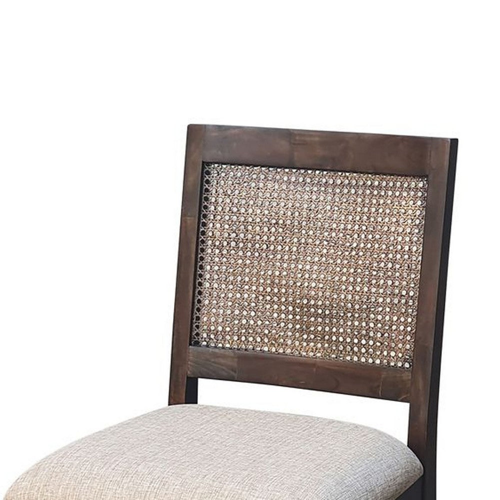 Benjara Zemi Dining Chair Set of 2, Rattan Back, Beige, Dark Brown Solid Wood