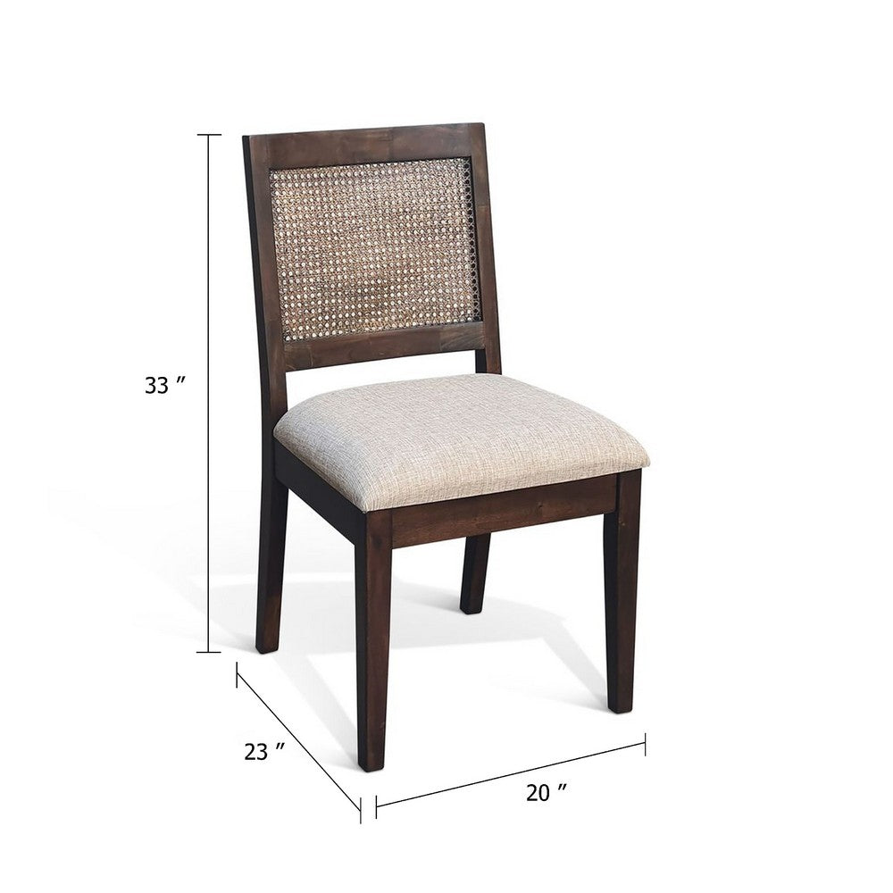 Benjara Zemi Dining Chair Set of 2, Rattan Back, Beige, Dark Brown Solid Wood