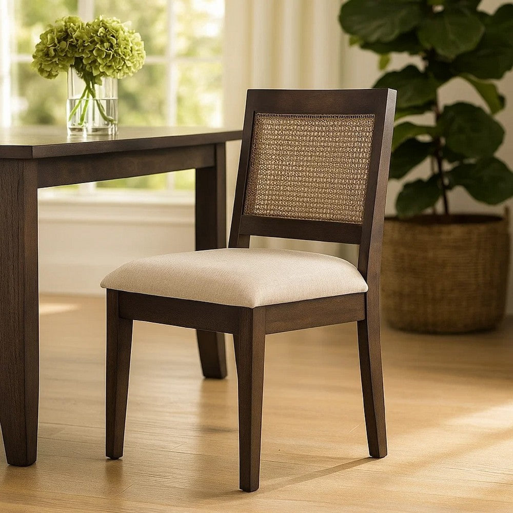 Benjara Zemi Dining Chair Set of 2, Rattan Back, Beige, Dark Brown Solid Wood
