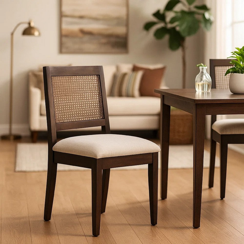 Benjara Zemi Dining Chair Set of 2, Rattan Back, Beige, Dark Brown Solid Wood