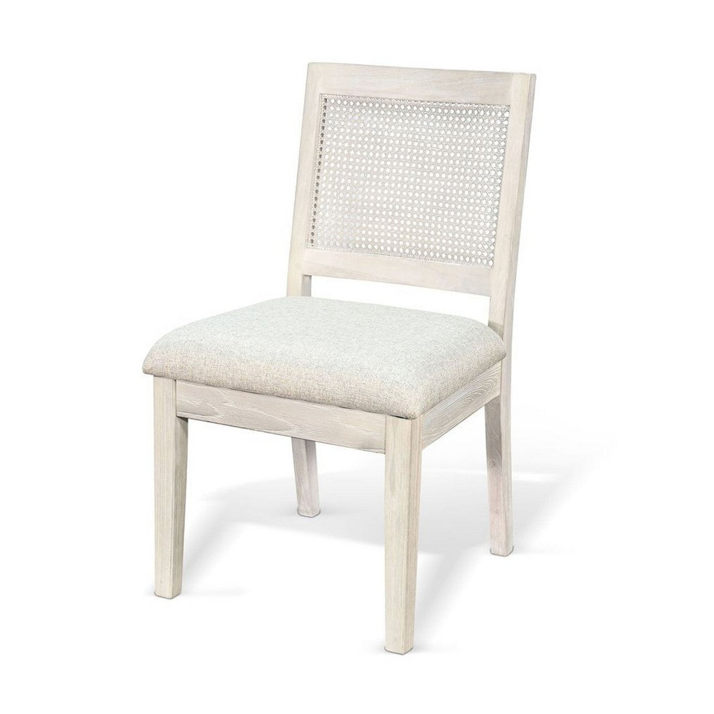 Benjara Zemi Dining Chair Set of 2, Rattan Back, Beige, Light Gray Solid Wood