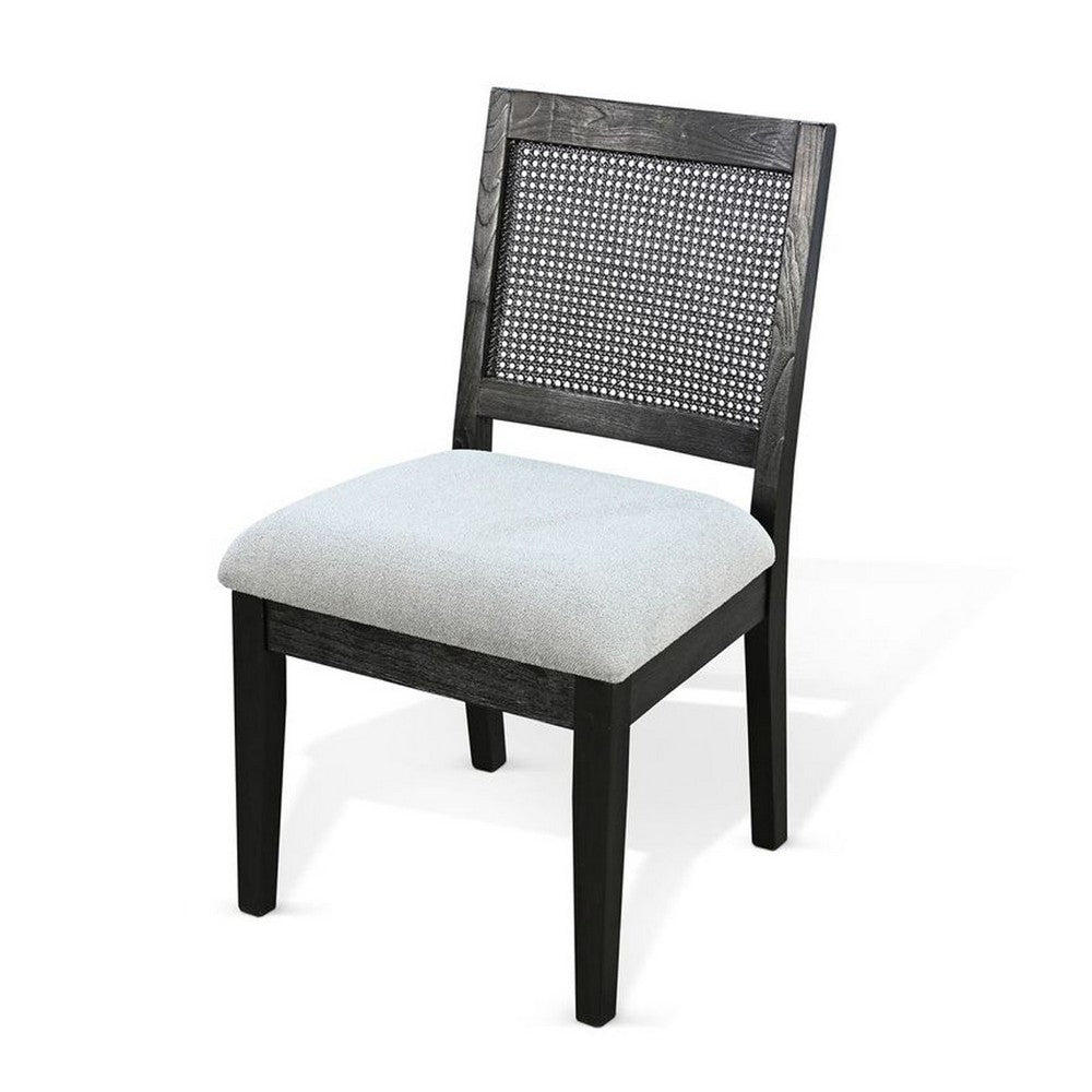 Benjara Zemi Dining Chair Set of 2, Rattan Back, Beige Seat, Black Solid Wood
