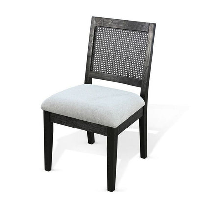 Benjara Zemi Dining Chair Set of 2, Rattan Back, Beige Seat, Black Solid Wood