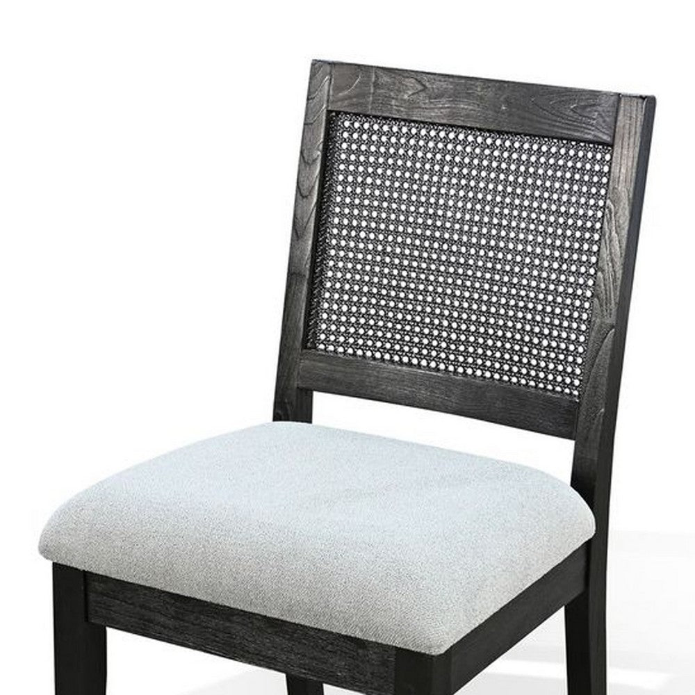 Benjara Zemi Dining Chair Set of 2, Rattan Back, Beige Seat, Black Solid Wood