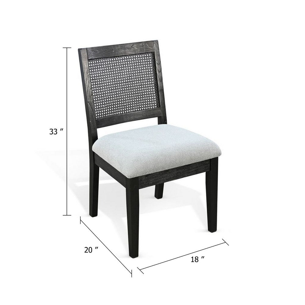 Benjara Zemi Dining Chair Set of 2, Rattan Back, Beige Seat, Black Solid Wood