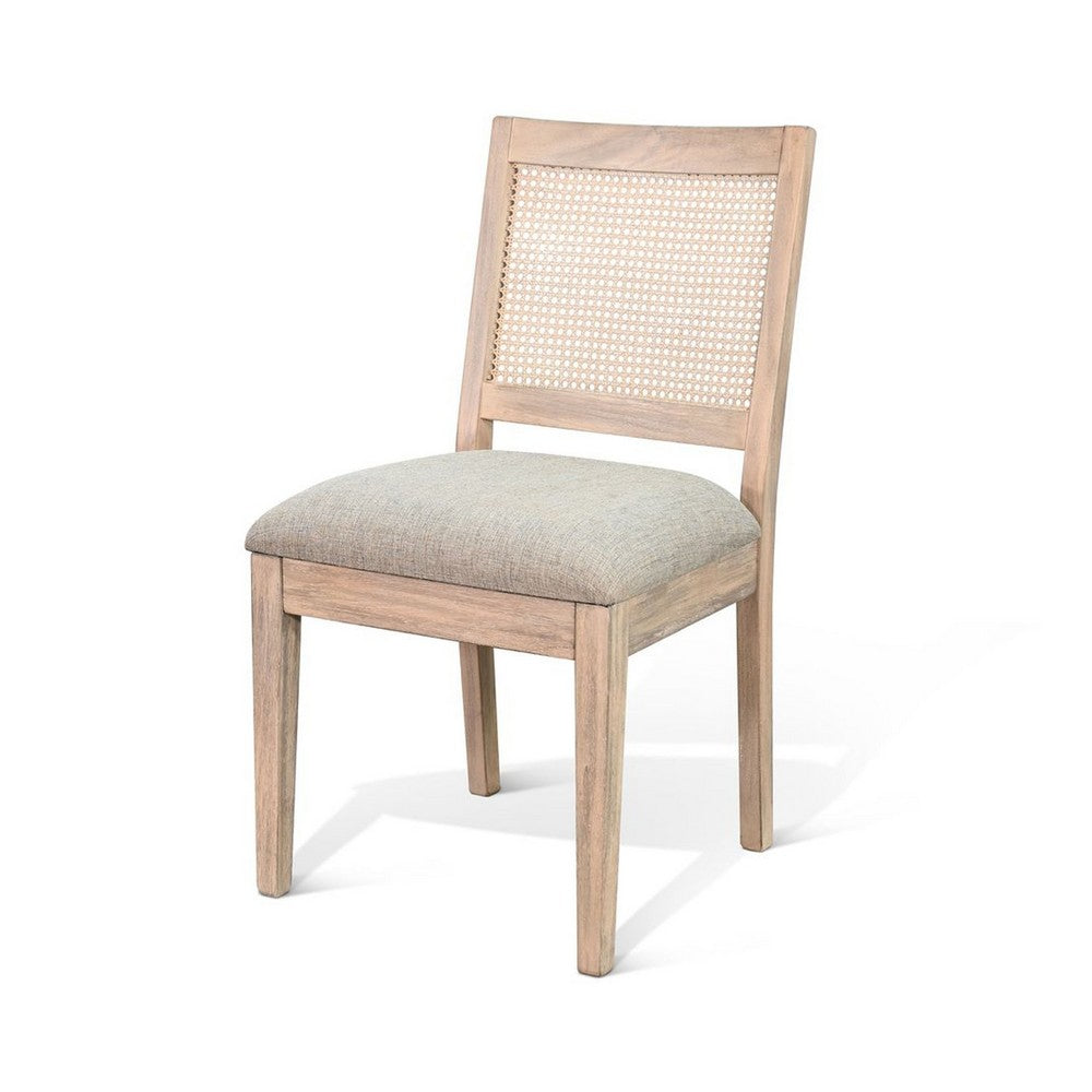 Benjara Zemi Dining Chair Set of 2, Rattan, Beige, Natural Brown Solid Wood