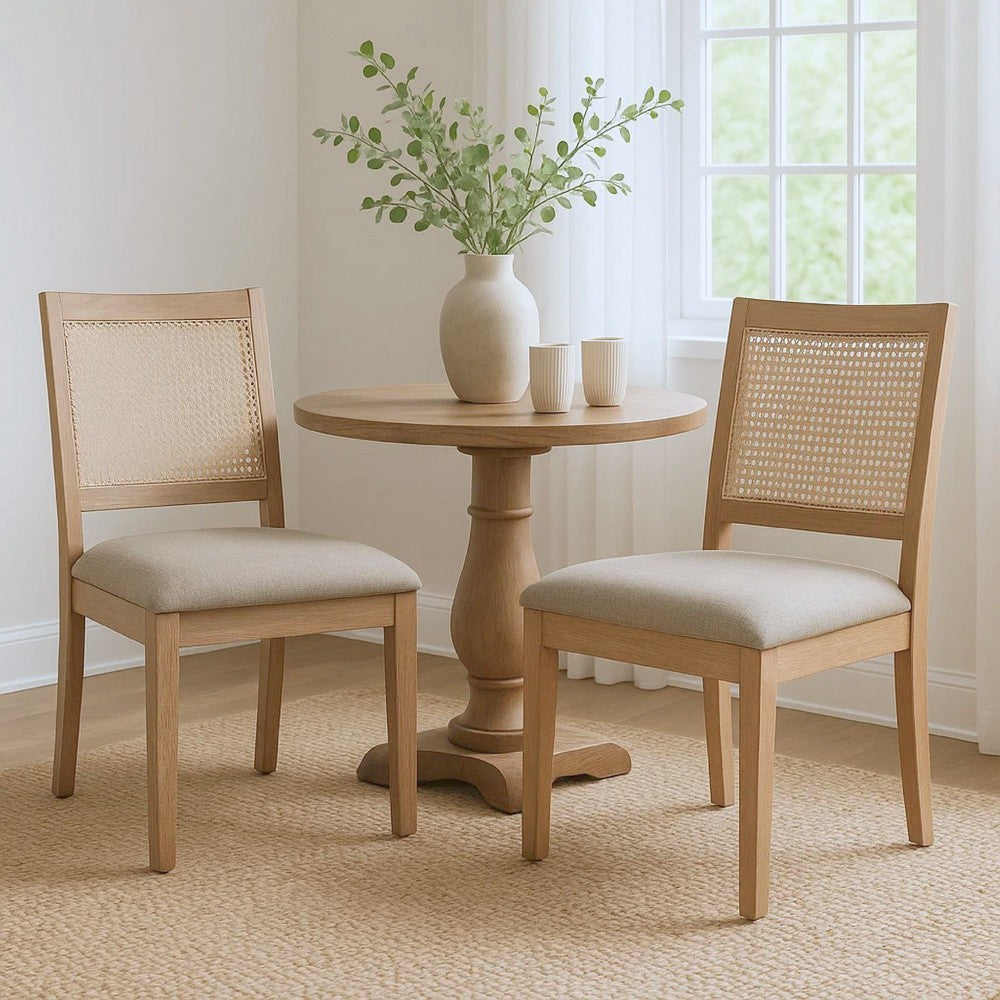 Benjara Zemi Dining Chair Set of 2, Rattan, Beige, Natural Brown Solid Wood