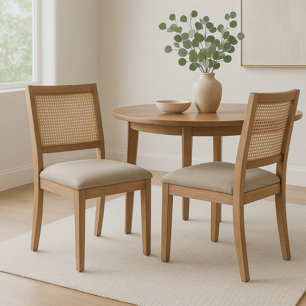 Benjara Zemi Dining Chair Set of 2, Rattan, Beige, Natural Brown Solid Wood
