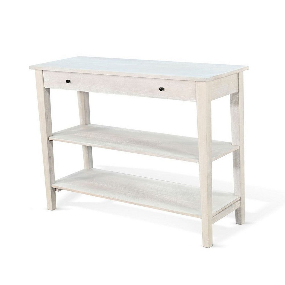 Benjara Pela Sofa Console Table, 42 Inch Top, 2 Shelves, Light Gray Solid Wood