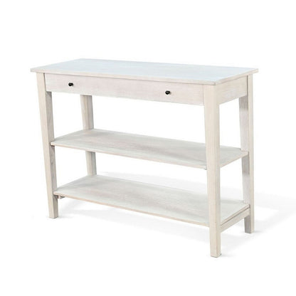 Benjara Pela Sofa Console Table, 42 Inch Top, 2 Shelves, Light Gray Solid Wood