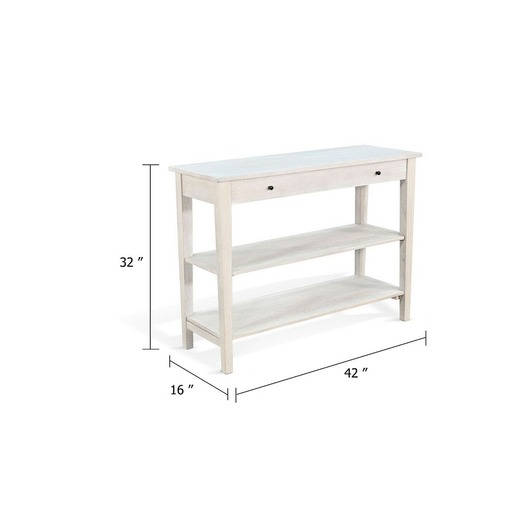 Benjara Pela Sofa Console Table, 42 Inch Top, 2 Shelves, Light Gray Solid Wood