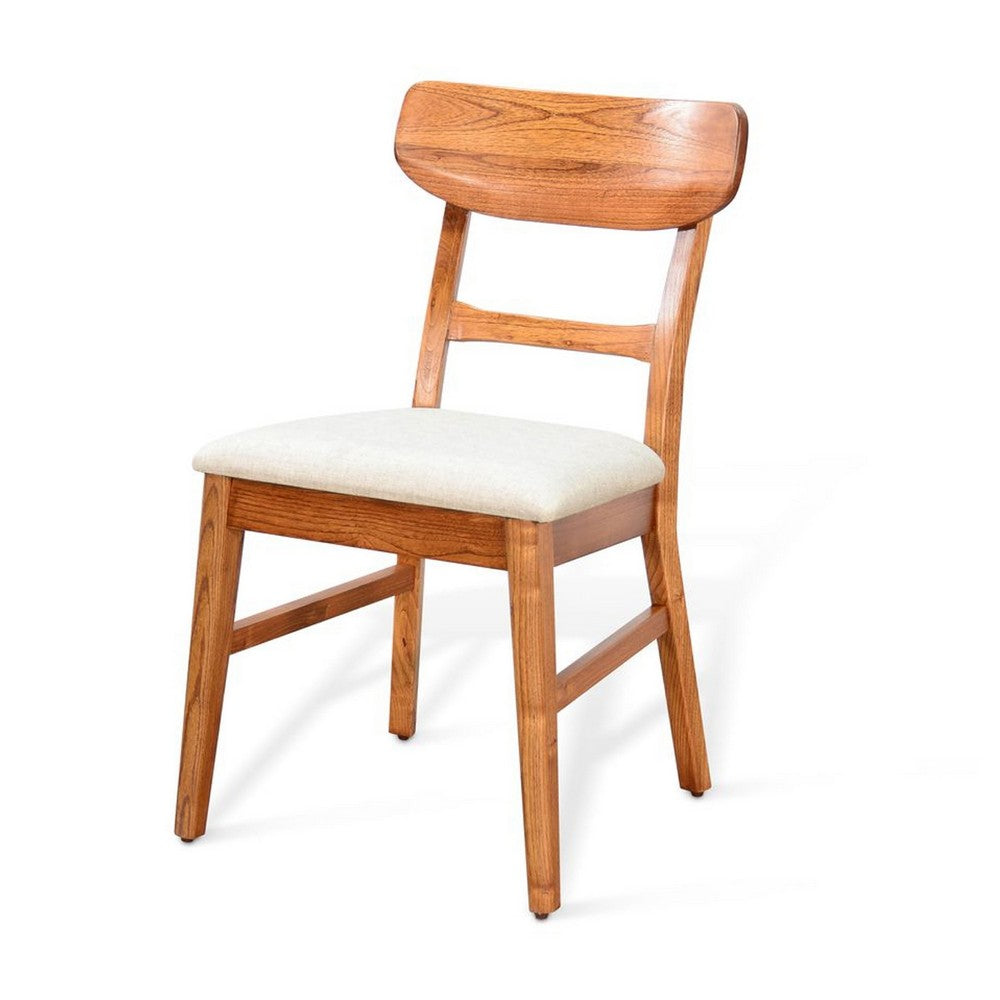 Benjara Amy Dining Chair Set of 2, Curved Back, Beige Seat, Light Brown Solid Wood