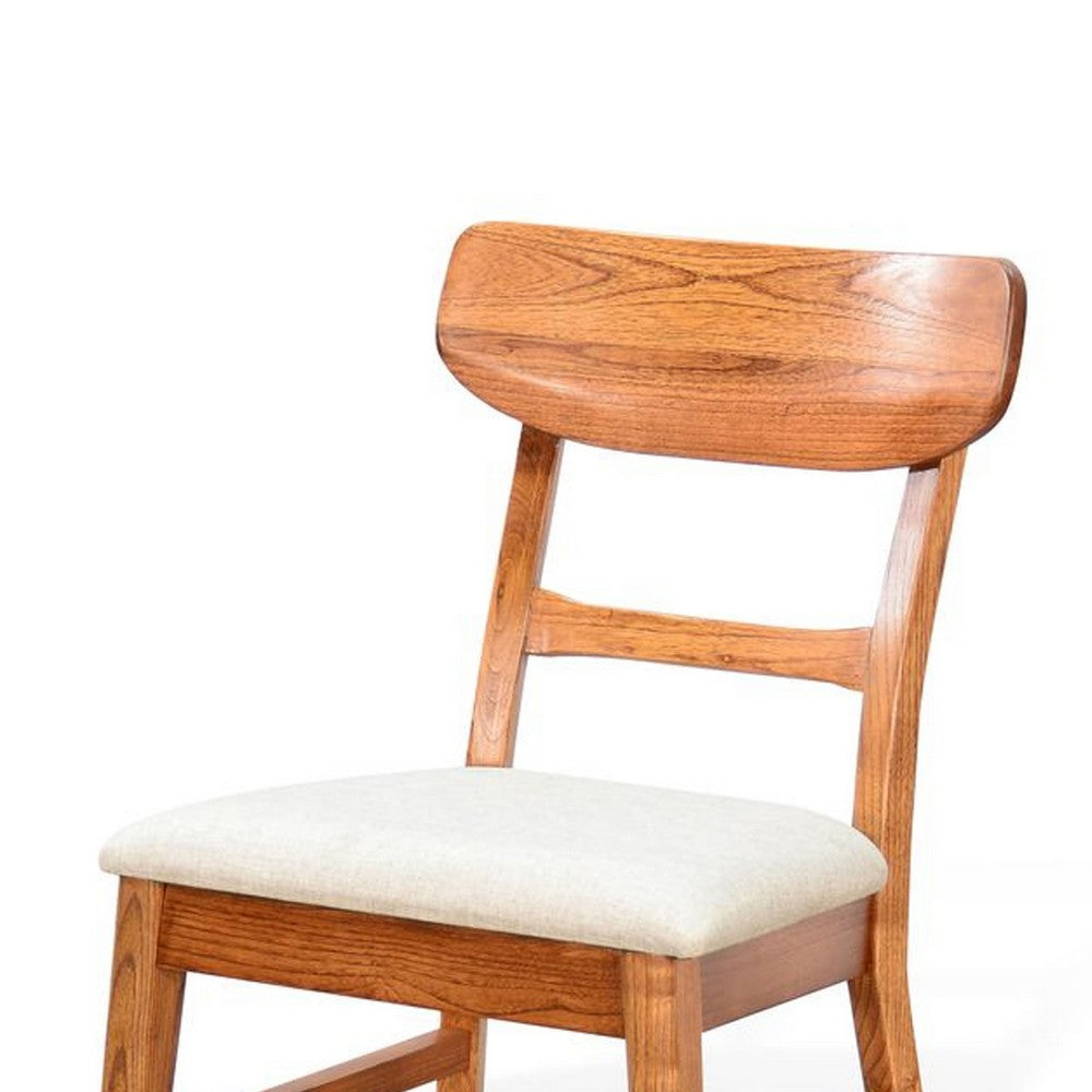Benjara Amy Dining Chair Set of 2, Curved Back, Beige Seat, Light Brown Solid Wood