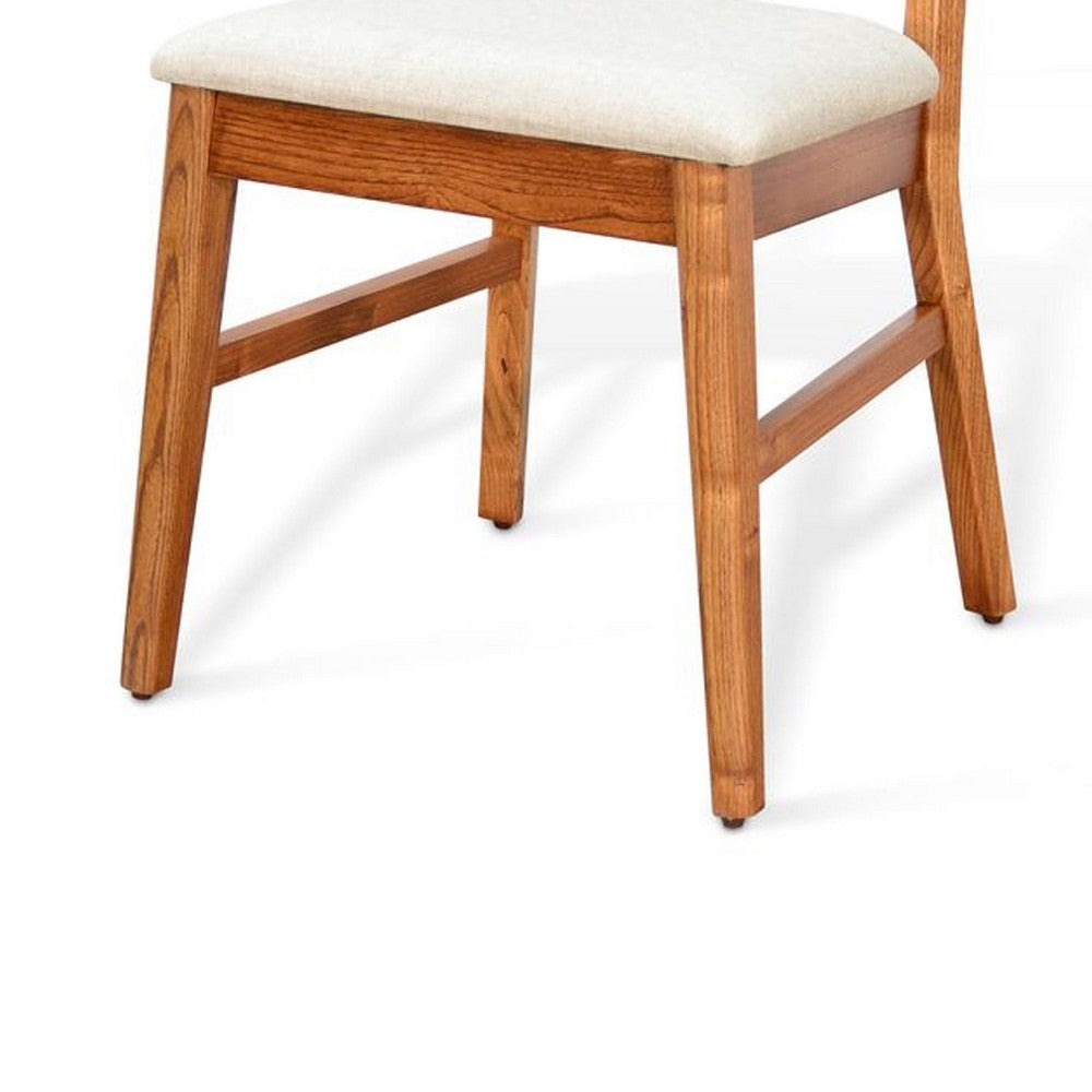 Benjara Amy Dining Chair Set of 2, Curved Back, Beige Seat, Light Brown Solid Wood