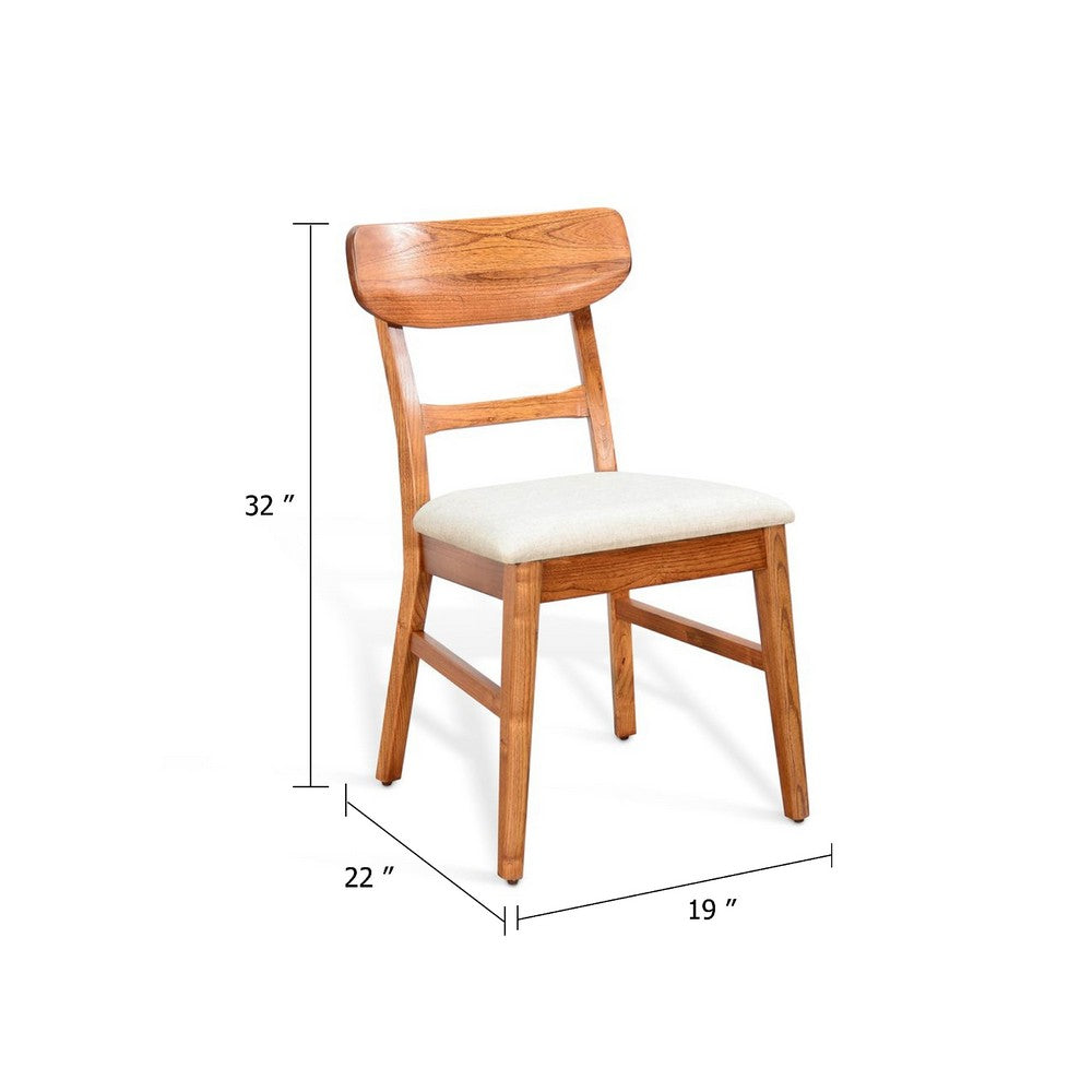 Benjara Amy Dining Chair Set of 2, Curved Back, Beige Seat, Light Brown Solid Wood