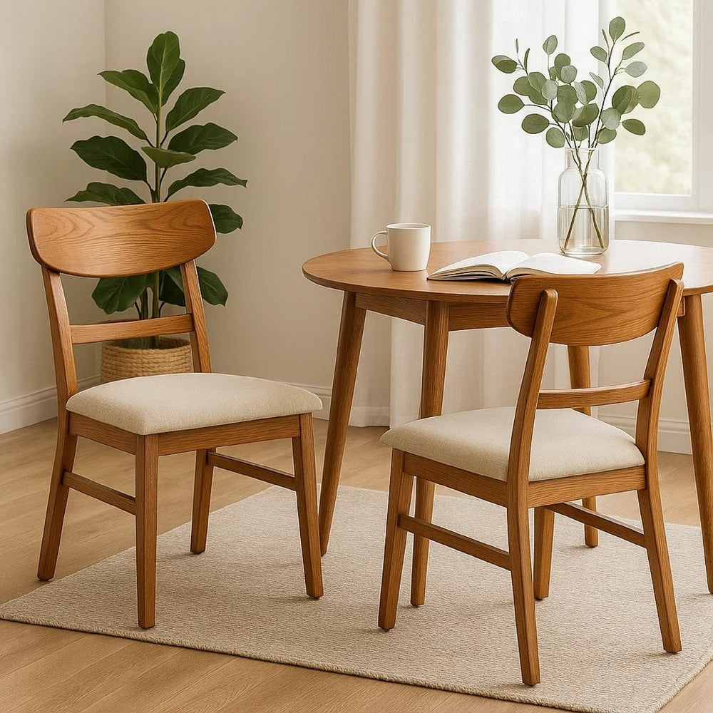Benjara Amy Dining Chair Set of 2, Curved Back, Beige Seat, Light Brown Solid Wood