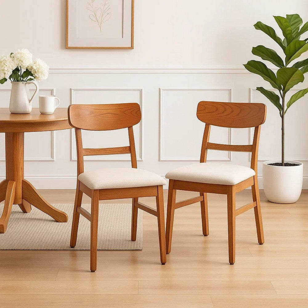 Benjara Amy Dining Chair Set of 2, Curved Back, Beige Seat, Light Brown Solid Wood