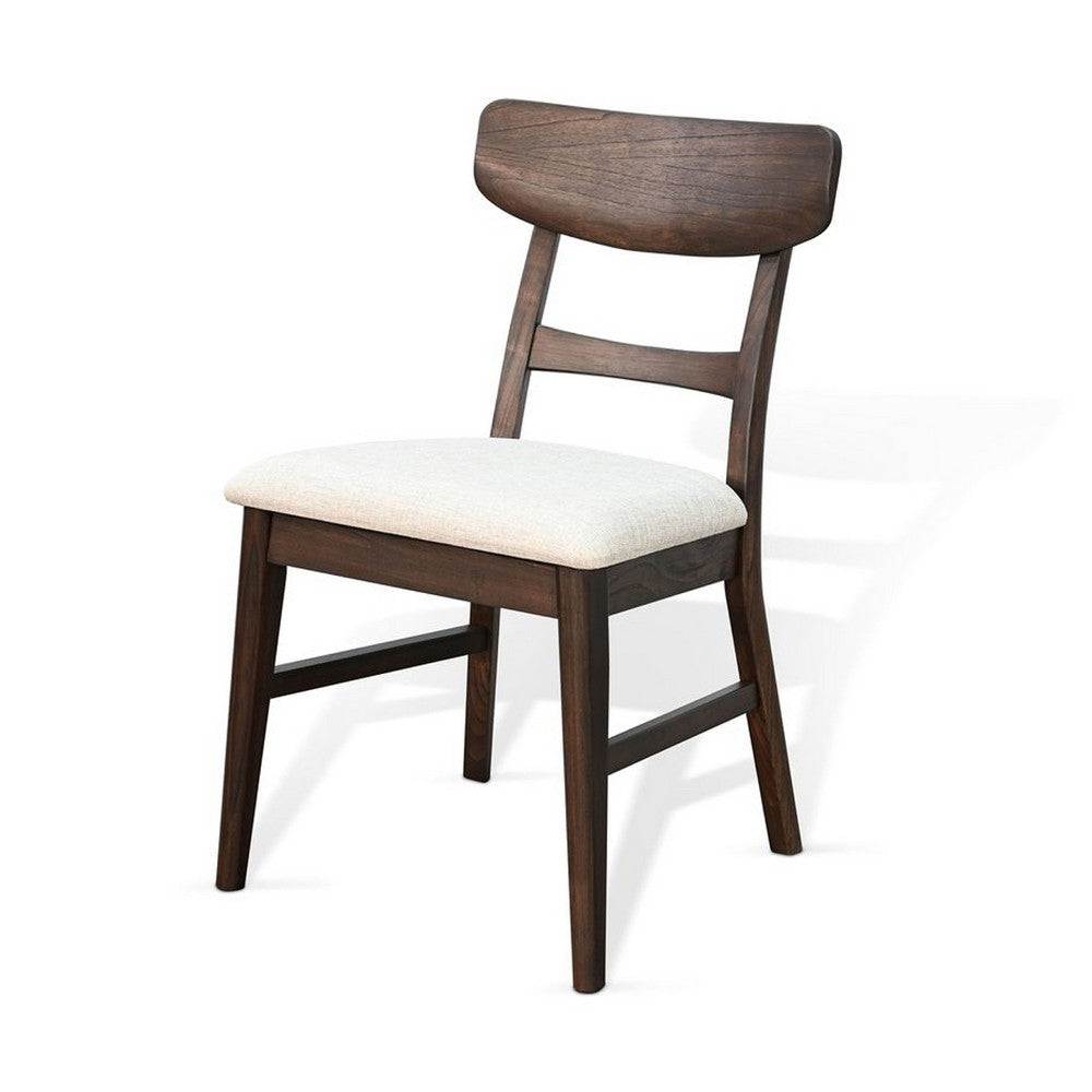 Benjara Amy Dining Chair Set of 2, Curved Back, Beige Seat, Dark Brown Solid Wood