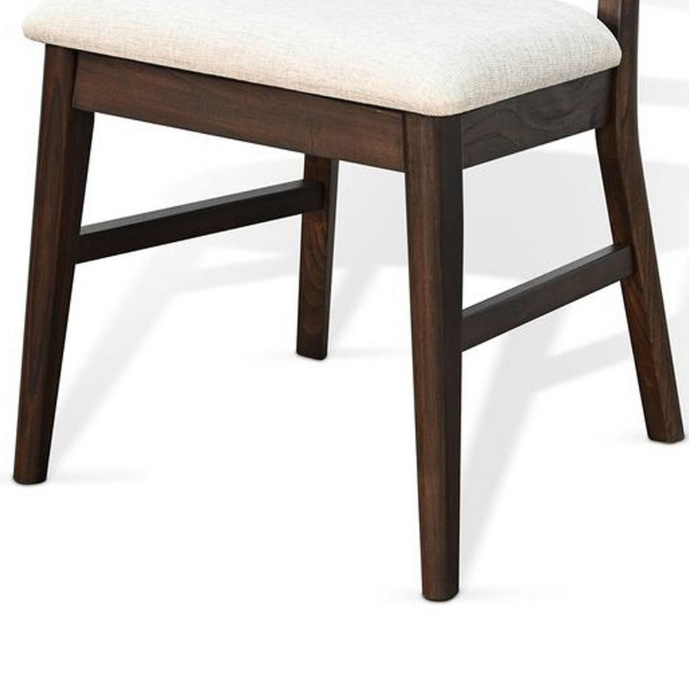 Benjara Amy Dining Chair Set of 2, Curved Back, Beige Seat, Dark Brown Solid Wood
