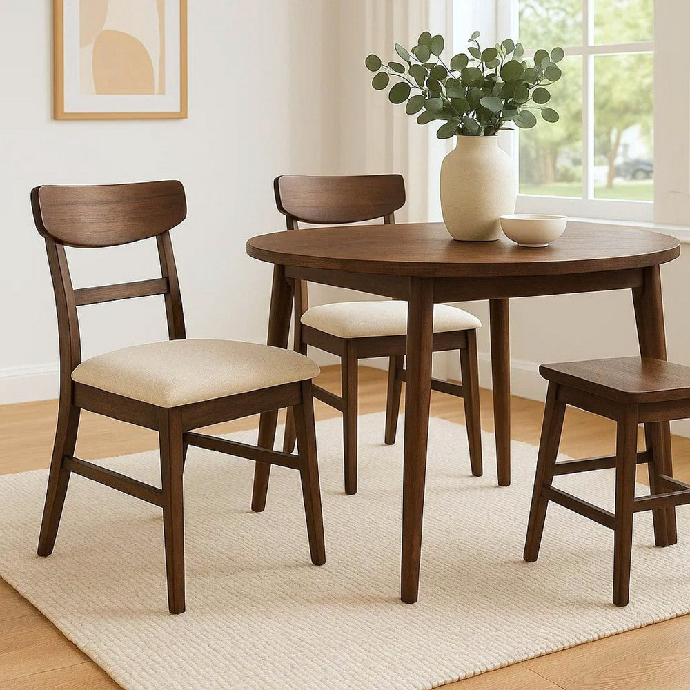 Benjara Amy Dining Chair Set of 2, Curved Back, Beige Seat, Dark Brown Solid Wood