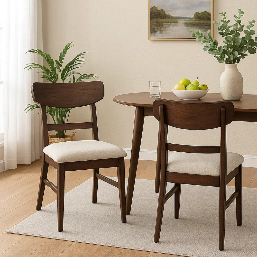 Benjara Amy Dining Chair Set of 2, Curved Back, Beige Seat, Dark Brown Solid Wood