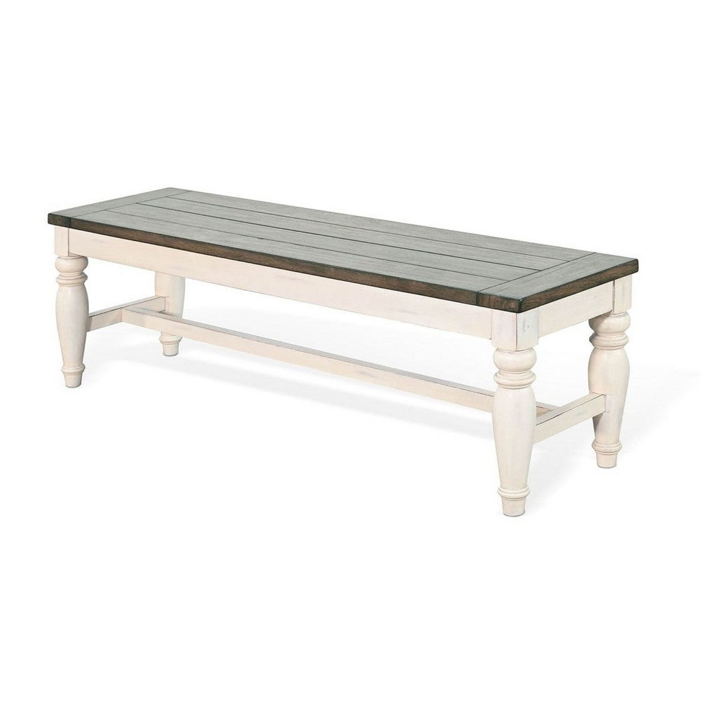 Benjara Dean Dining Bench, 52 Inch Brown Plank Seat, White Solid Wood