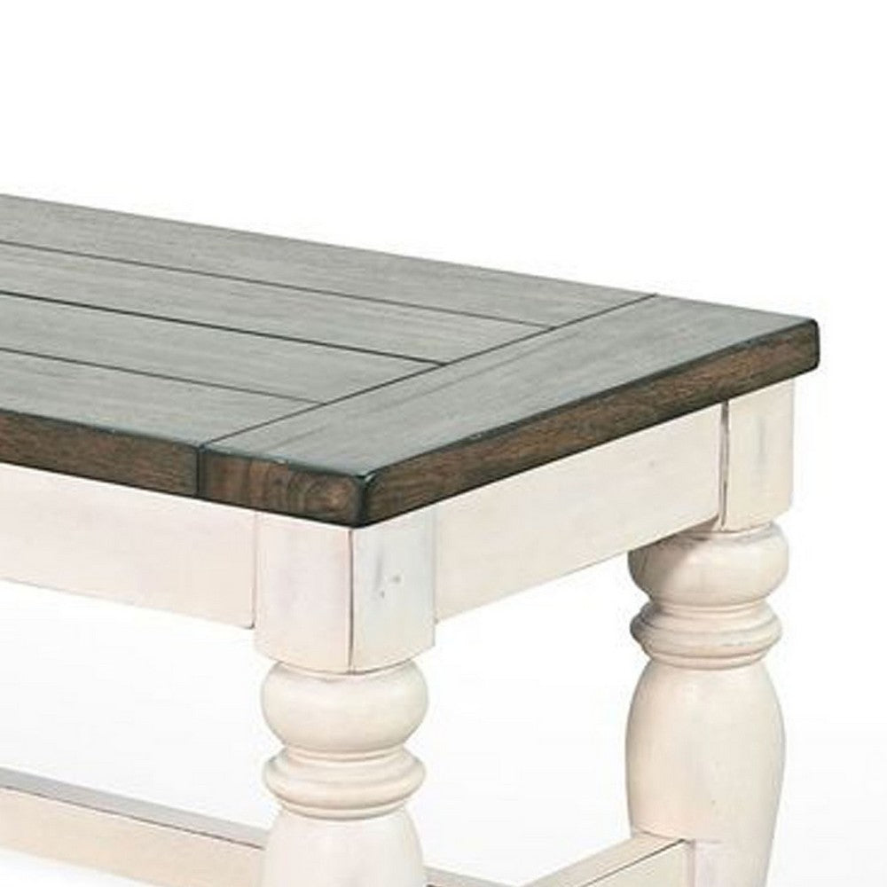Benjara Dean Dining Bench, 52 Inch Brown Plank Seat, White Solid Wood