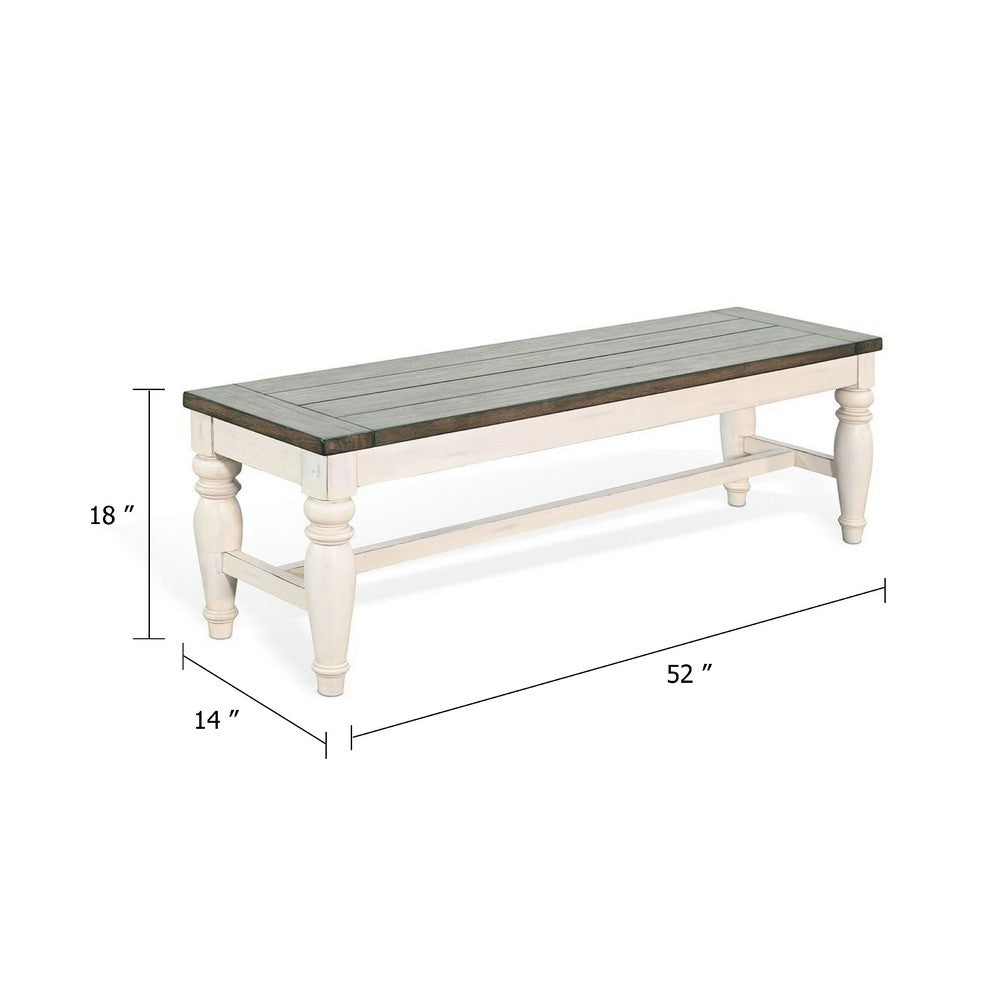 Benjara Dean Dining Bench, 52 Inch Brown Plank Seat, White Solid Wood