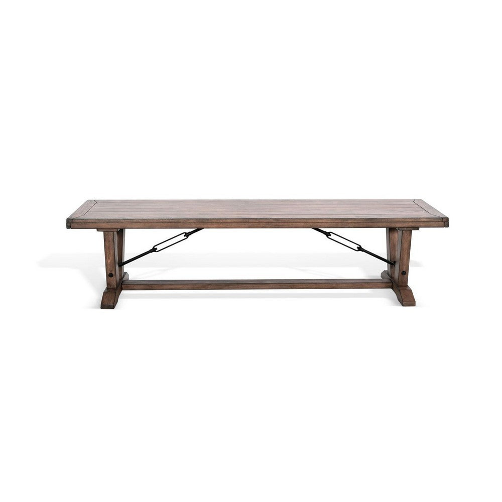 Benjara Yael Industrial Bench, Trestle Base, 70 Inch Rustic Brown Solid Wood