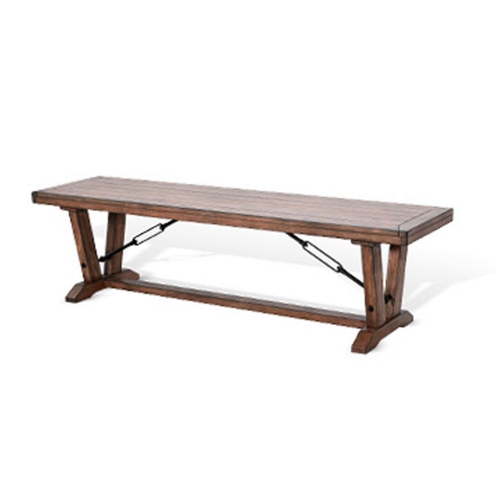 Benjara Yael Industrial Bench, Trestle Base, 70 Inch Rustic Brown Solid Wood