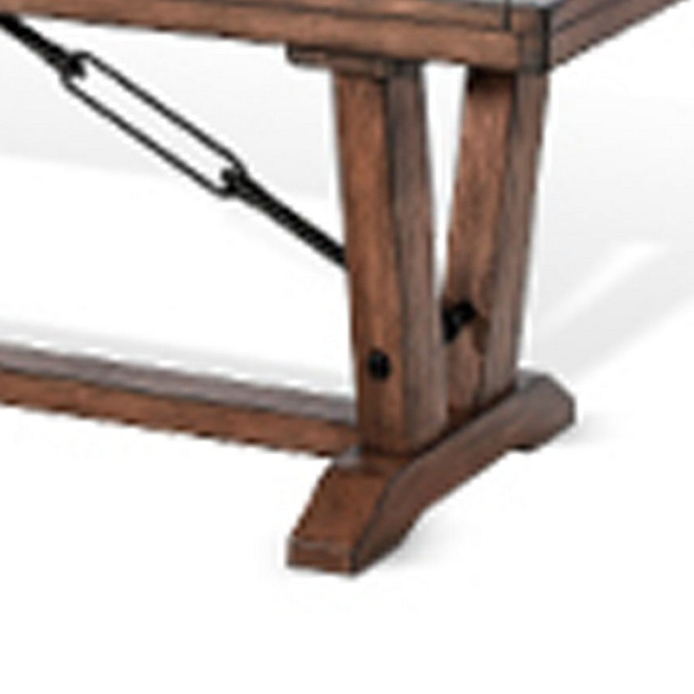 Benjara Yael Industrial Bench, Trestle Base, 70 Inch Rustic Brown Solid Wood