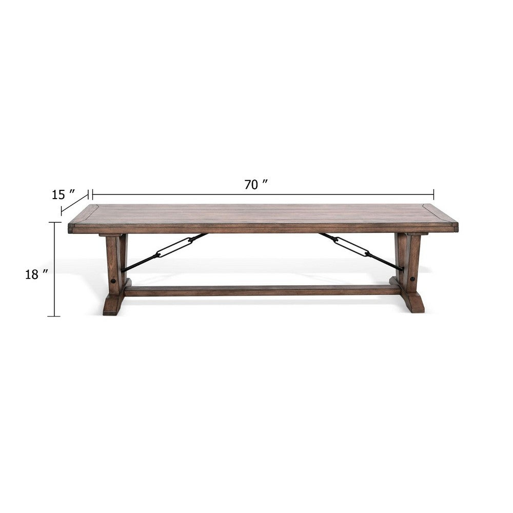 Benjara Yael Industrial Bench, Trestle Base, 70 Inch Rustic Brown Solid Wood