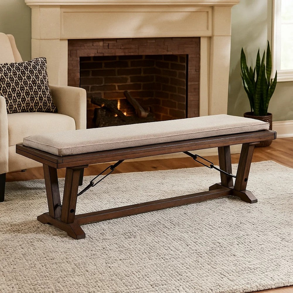 Benjara Yael Industrial Bench, Trestle Base, 70 Inch Rustic Brown Solid Wood