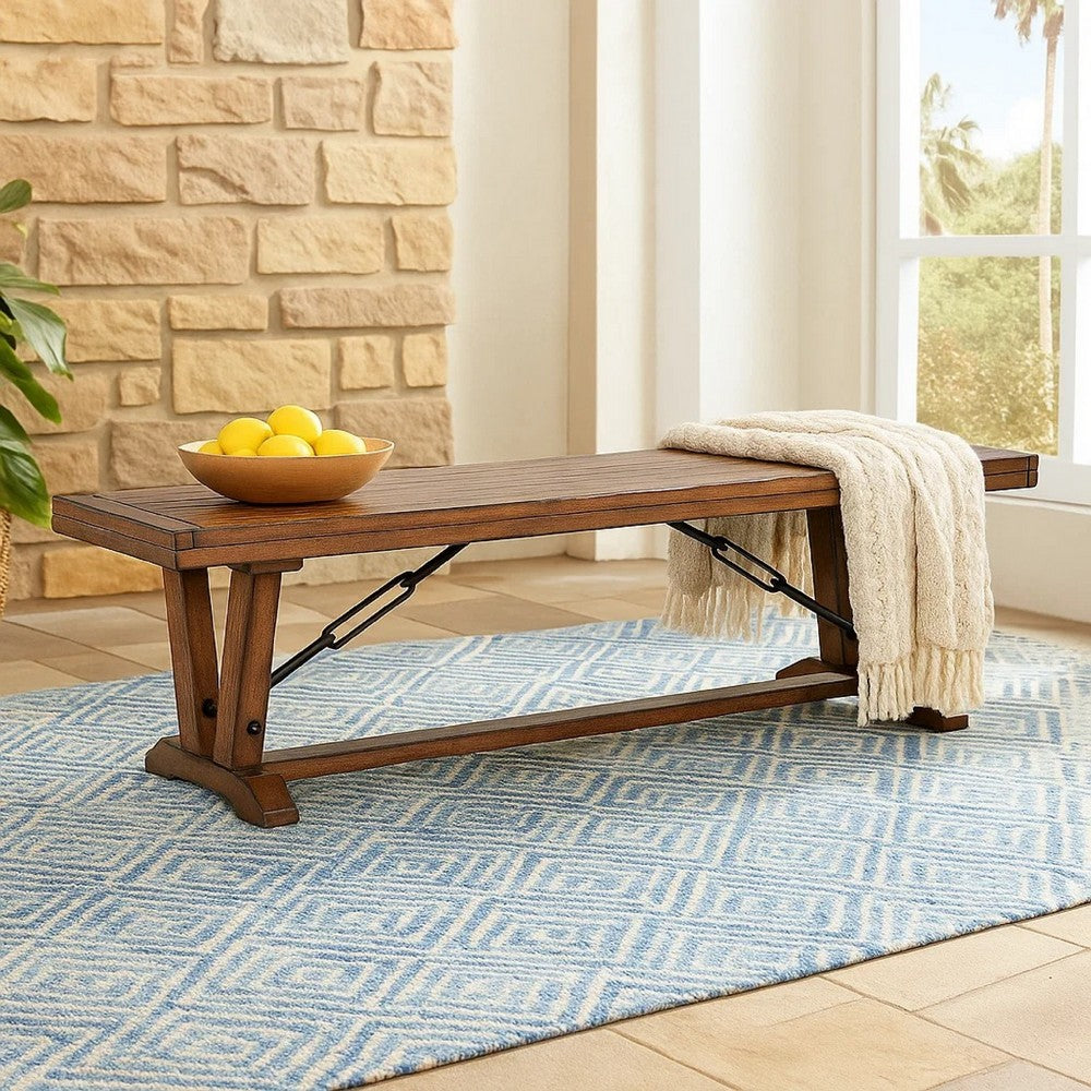 Benjara Yael Industrial Bench, Trestle Base, 70 Inch Rustic Brown Solid Wood