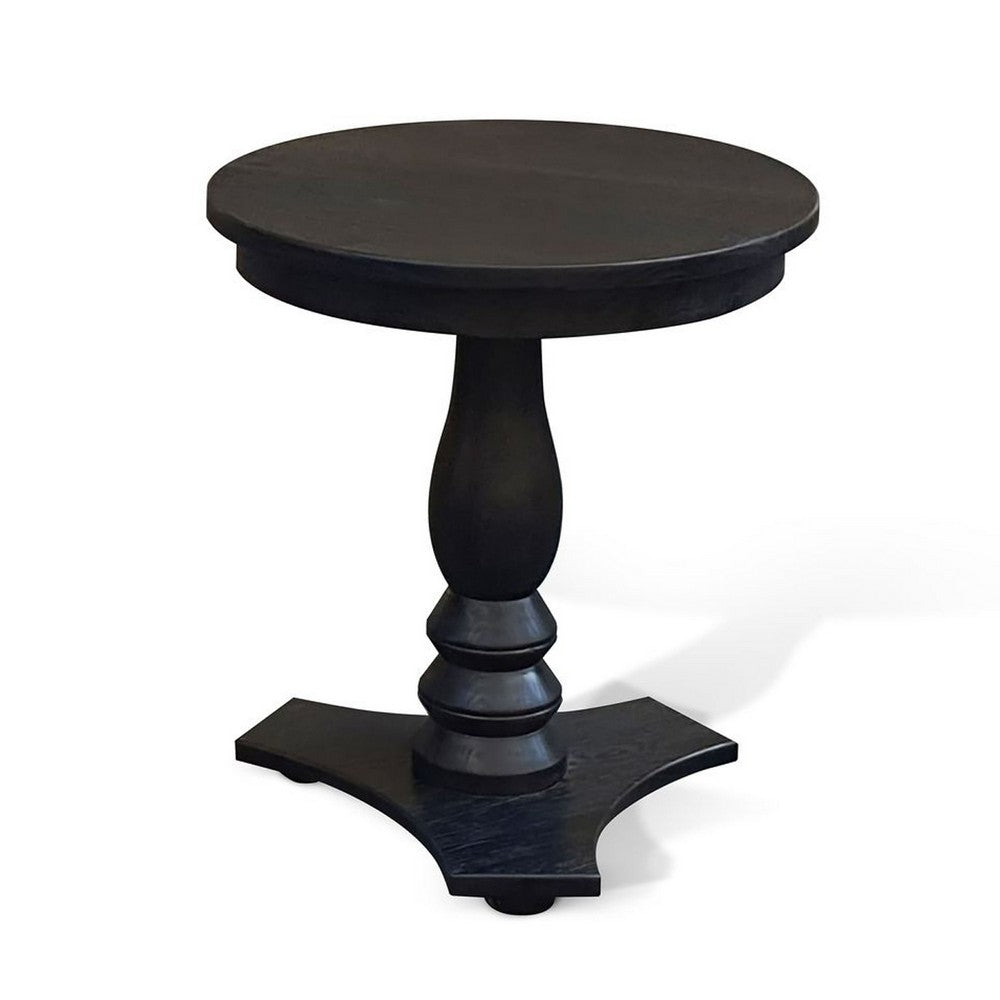 Benjara Meni Accent Table, 22 Inch Round Top, Carved Pedestal, Black Solid Wood
