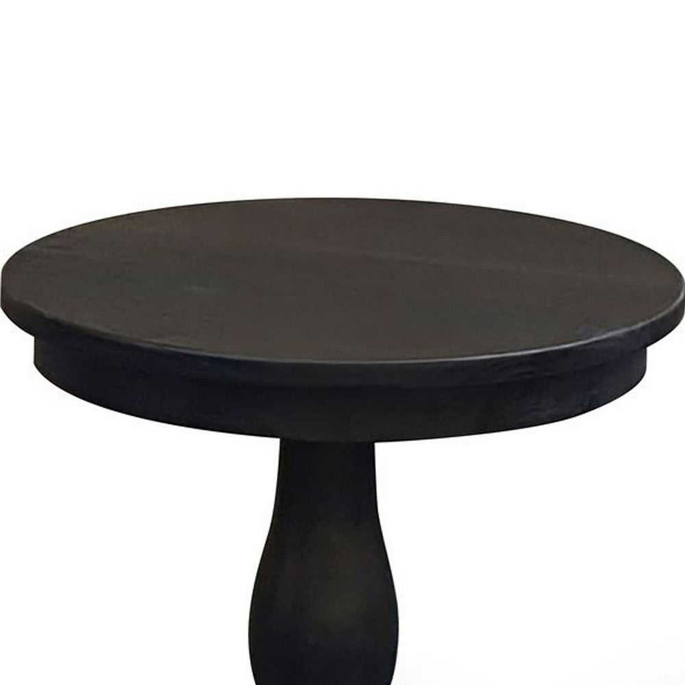 Benjara Meni Accent Table, 22 Inch Round Top, Carved Pedestal, Black Solid Wood