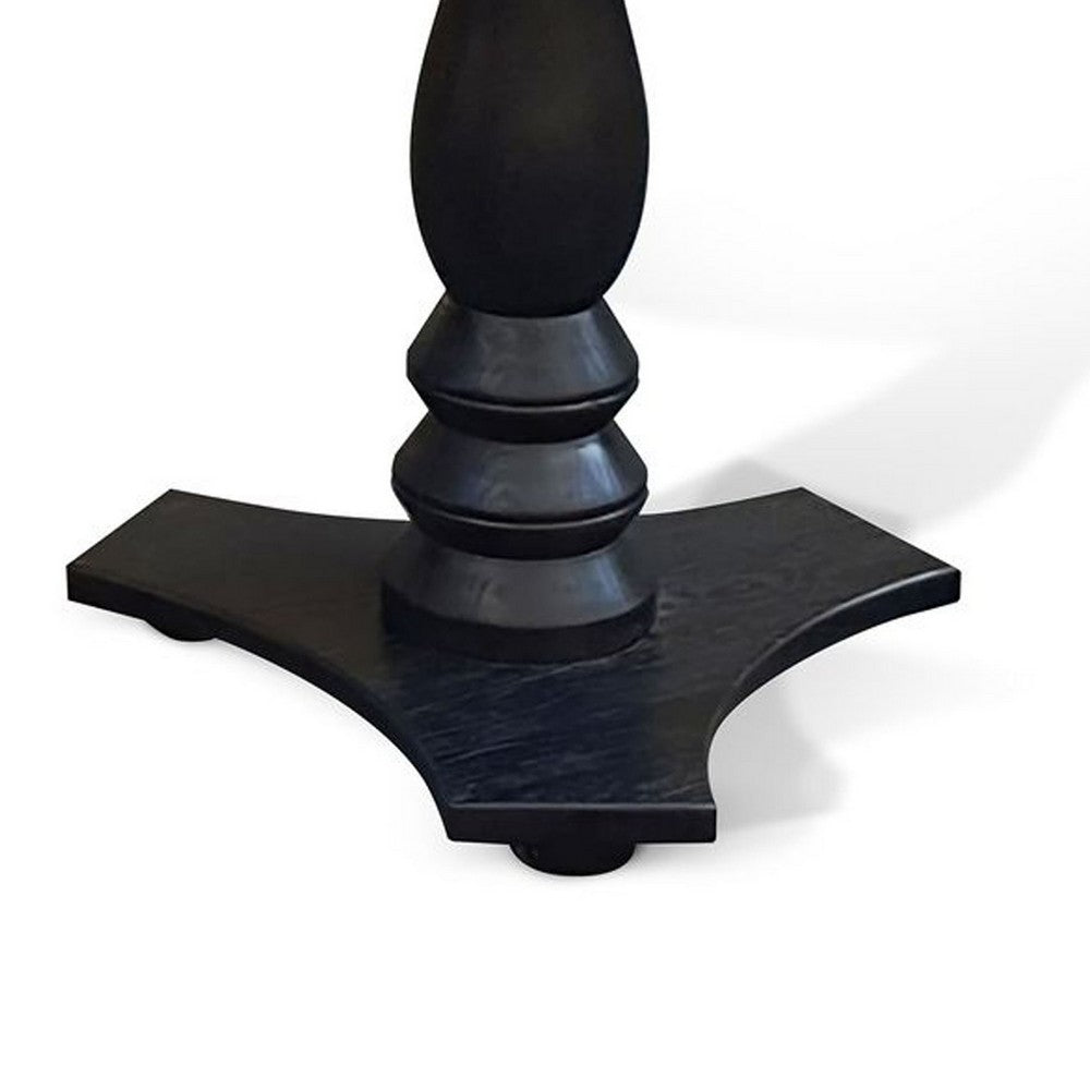 Benjara Meni Accent Table, 22 Inch Round Top, Carved Pedestal, Black Solid Wood