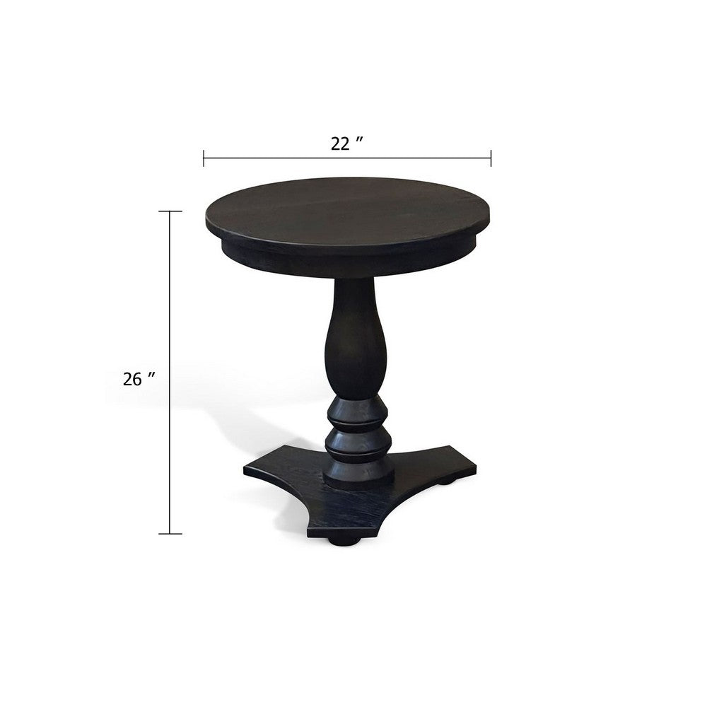 Benjara Meni Accent Table, 22 Inch Round Top, Carved Pedestal, Black Solid Wood