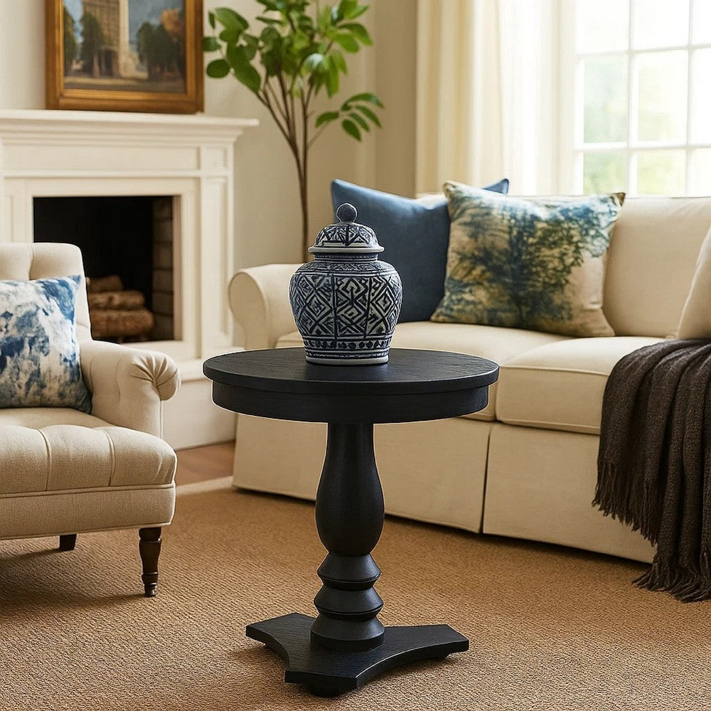 Benjara Meni Accent Table, 22 Inch Round Top, Carved Pedestal, Black Solid Wood