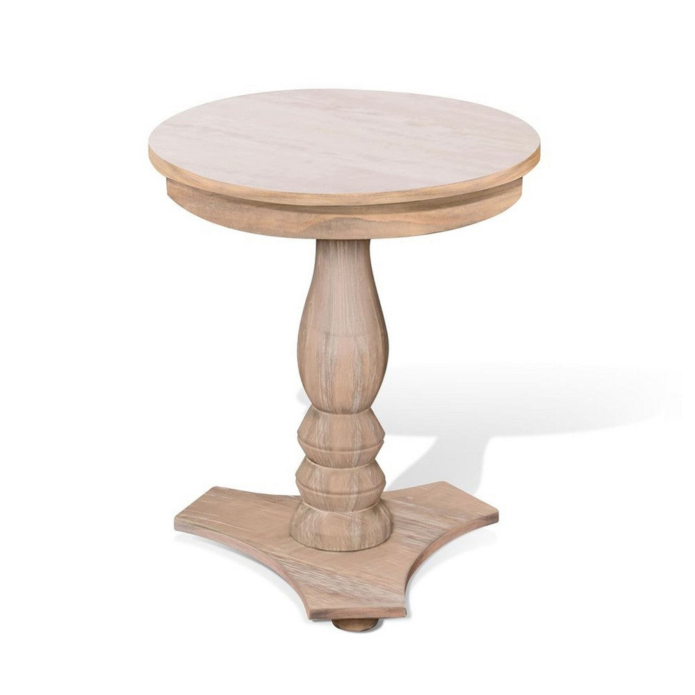 Benjara Meni Accent Table, 22 Inch Round, Carved Base, Solid Wood Natural Brown