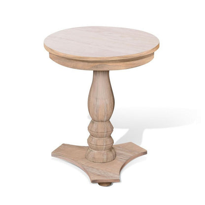Benjara Meni Accent Table, 22 Inch Round, Carved Base, Solid Wood Natural Brown