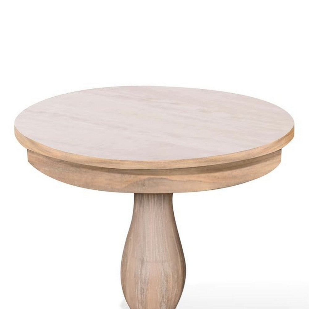 Benjara Meni Accent Table, 22 Inch Round, Carved Base, Solid Wood Natural Brown