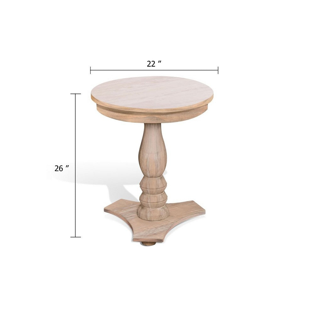 Benjara Meni Accent Table, 22 Inch Round, Carved Base, Solid Wood Natural Brown