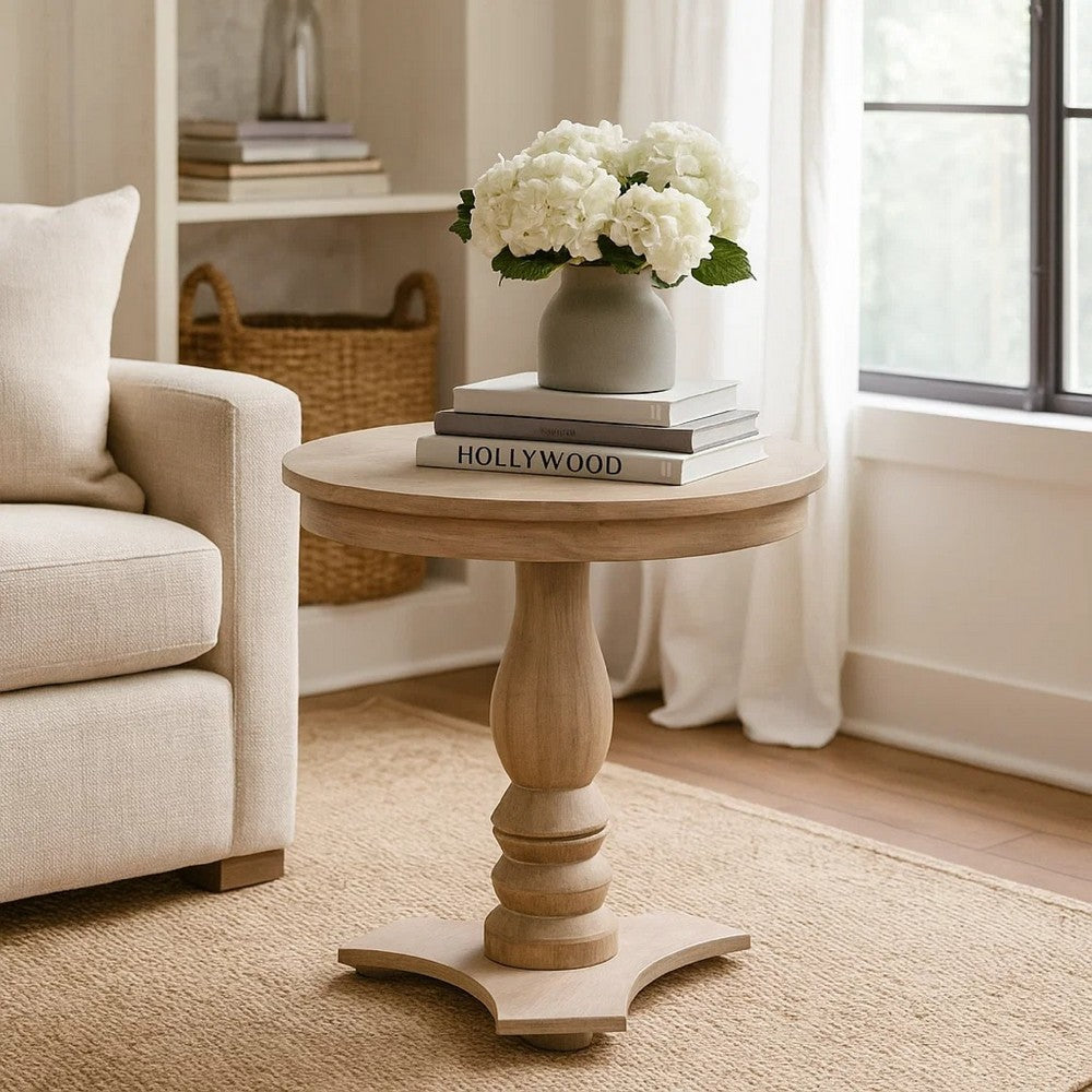 Benjara Meni Accent Table, 22 Inch Round, Carved Base, Solid Wood Natural Brown