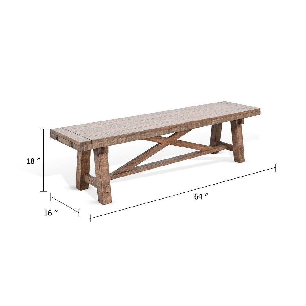 Benjara Industrial Dining Bench, Cross Brace Design Natural Brown Solid Wood