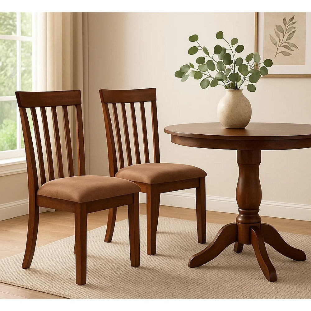 Benjara Odel Dining Side Chair Set of 2, Slatted Solid Wood Dark Brown