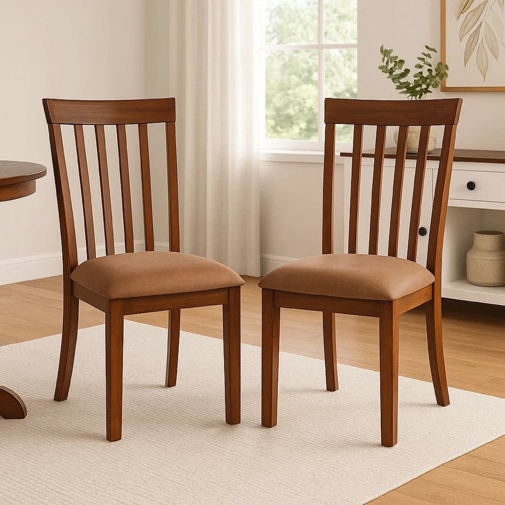 Benjara Odel Dining Side Chair Set of 2, Slatted Solid Wood Dark Brown