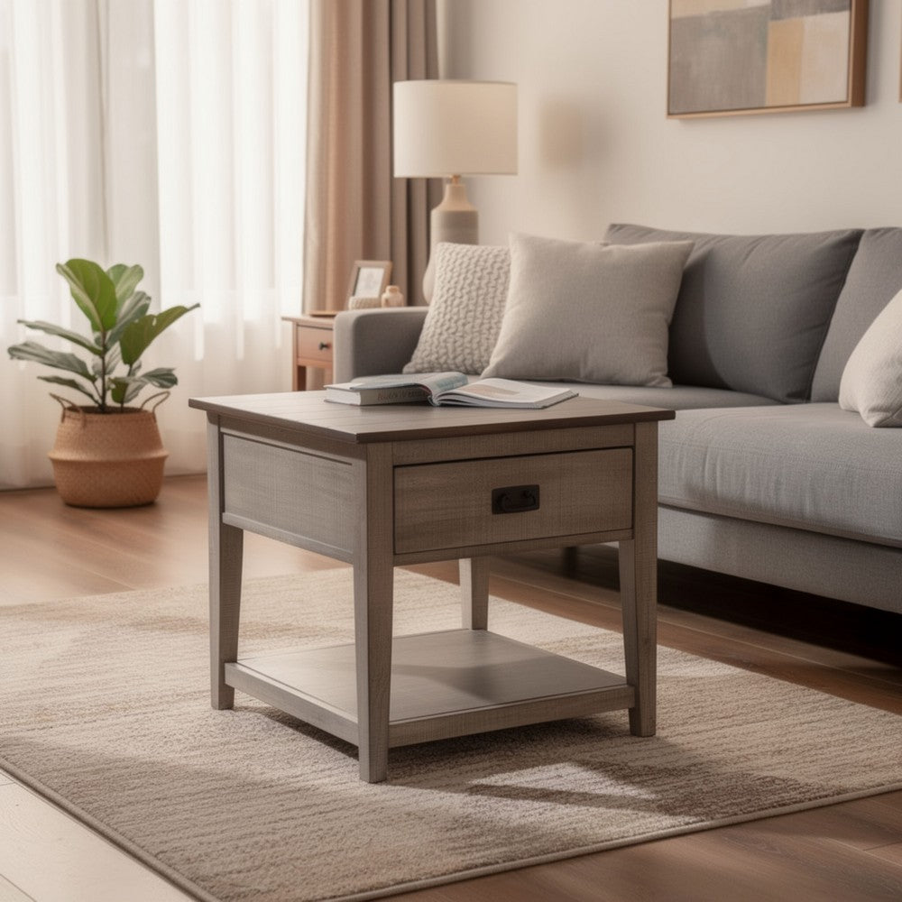 Benjara Camie Side End Table, 24 Inch Top with 1 Drawer, Solid Wood Gray