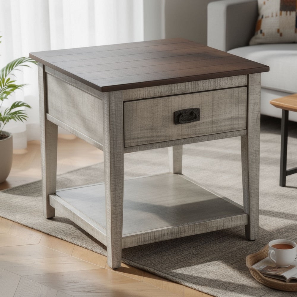 Benjara Camie Side End Table, 24 Inch Top with 1 Drawer, Solid Wood Gray